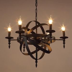 Vintage rétro bougie pendentif lumières luminaire en fer forgé Lof américain salon El lampe suspendue Bronze Luminaire navire Lamps204d
