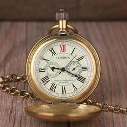 Vintage rétro Copper Watch Men Alloy London Mechanical Pocket Watch avec chaîne métallique Steampunk Roman2765