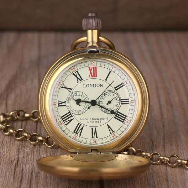 Reloj de cobre Retro Vintage para hombre, Reloj de bolsillo mecánico de aleación de Londres con cadena de Metal Steampunk Roman252x