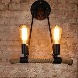 Vintage Retro LED Indoor Wall Lamp Loft Industriële Amerikaanse stijl Aisel Nachtkastje Wandkandelaars Lichten Armatuur Hennep Touw Decor 210724