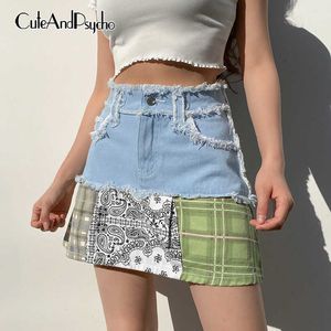 Vintage Retro Patchwork A-Line Y2K Mini Skirts Women Harajuku Summer High Tailed Rok Koreaanse Fashion Cute Outfits CuteandpSscho Y0824