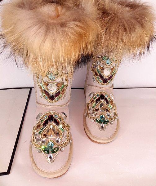 Vintage strass fox fourrure chaussures de mariée chaîne femme mariée chaussure haute qualité cheville longueur bottes hiver usure chaleureuse