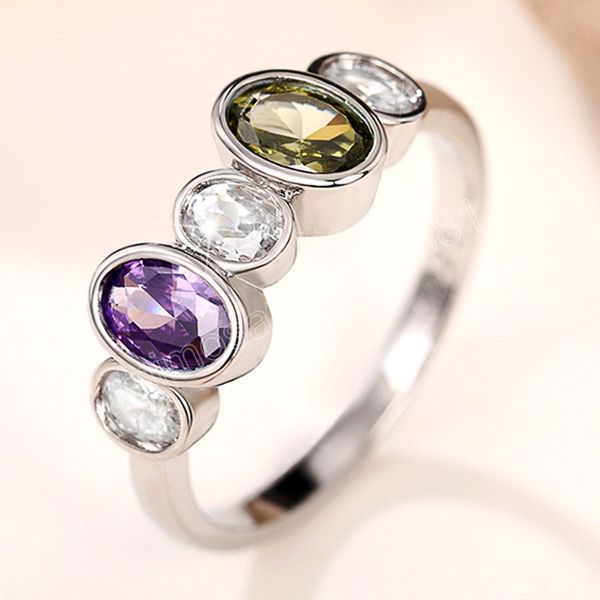 Vintage anneaux pour femmes incrusté d'olive/violet/blanc CZ Simple élégant dame bague fête anniversaire bijoux