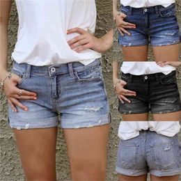 Vintage Ripped Gat Fringe Blue Jeans Denim Shorts Dames Casual Button Pocket Style Short 210719