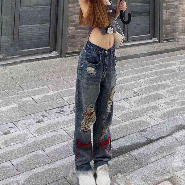 Vintage Ripped Jeans Denim Hippie Pantalon Hip Hop Do Old Straight Leg Femmes Taille Basse Grunge Trou Streetwear y2k 211129