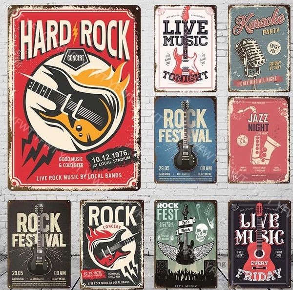 Póster de metal de música rock vintage, carteles de chapa, guitarra retro, fiesta de rock, placas de metal, arte de pared para bar, pub, club, decoración artística de pared para el hogar, 30x20 cm W03