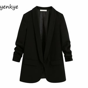 Vintage Roll-up Sleeve Casual Blazer Femmes Solide Couleur Col Encoché Travail Porter Bureau Blazers Costumes Élégants Femme Automne 210514