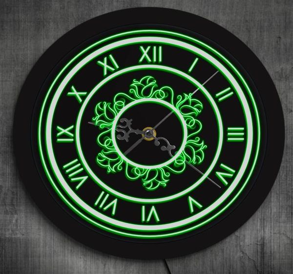 Horloge à chiffres romains vintage avec motif floral LED Chiffres gravés au laser Montre murale décorative avec rétroéclairage LED6078333