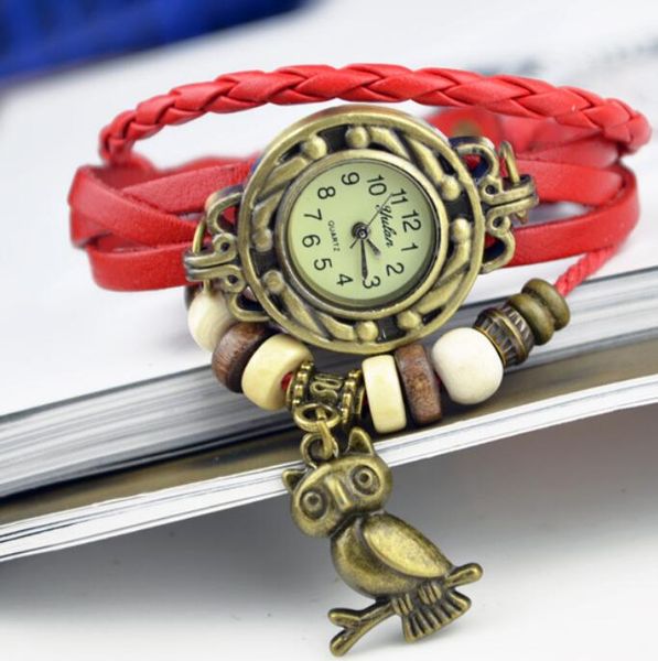 Pulseras de cuerda vintage Reloj relojes femeninos Búho Colgante pulsera reloj dama personalidad Reloj de pulsera de cuero de aleación para regalo de Navidad