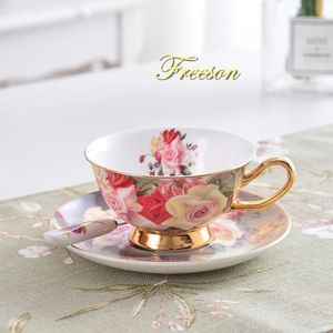 Vintage Rose Bone China Tea Tup Saucer Spoon Set 200 ml Porcelain Café British Cafe British Afternoon Tetend Drop 240518