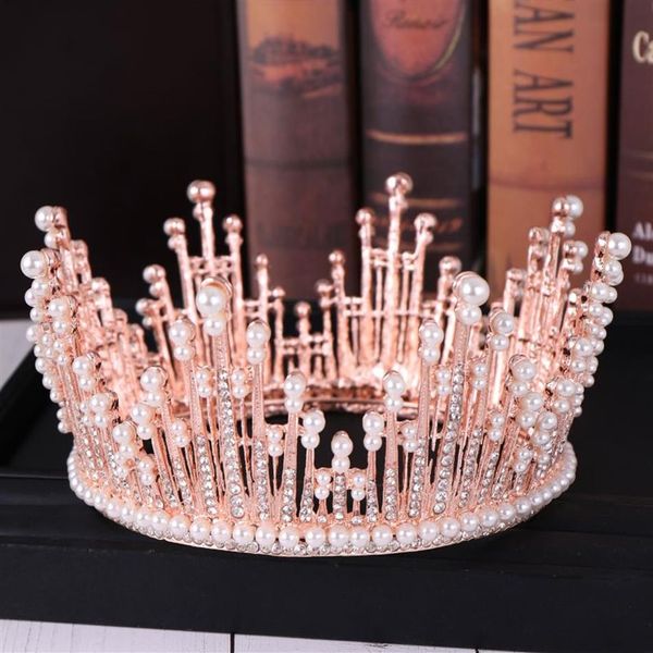 Vintage rose or perle tiara ronde Barrettes Big Wedding Crown for Bride Hair Accessories Crystal Inravaid Queen Jewelry260T