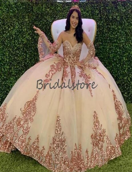 Robes de Quinceanera Vintage en or rose avec manches robe de bal chérie robes de bal gonflées 2020 princesse paillettes appliques douce 3735726