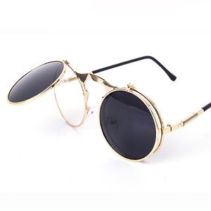 Vintage Ronde Flip Up Designer Steampunk Zonnebril Metalen Oculos De Sol Dames Coating Mannen Retro Cirkel Zonnebril 12 stks / partij Gratis Verzending