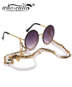 Lunettes de soleil rondes Vintage pour femmes, avec chaîne de perles, accessoire de marque de luxe, Design rétro, monture dorée, nuances féminines6686551