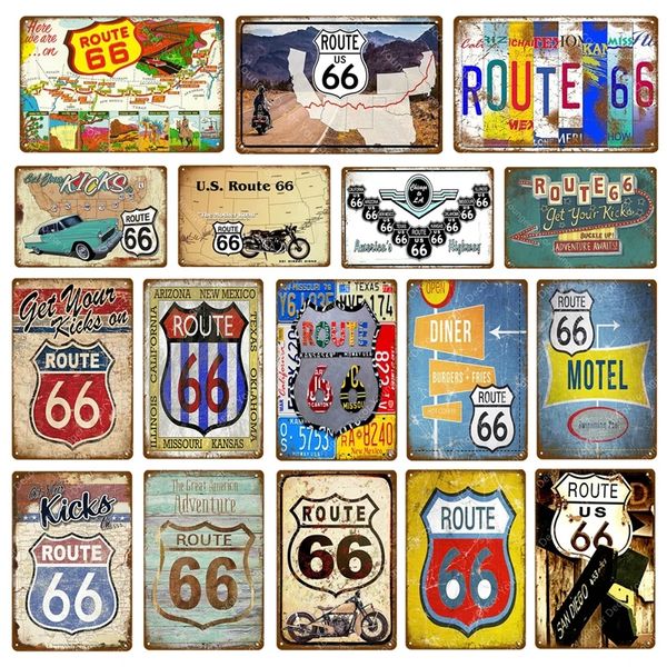 Vintage Route 66 Carteles de chapa de metal American Road Car Motocicletas Placa Cartel de pared retro Pub Bar Club Decoración para el hogar Garaje Decoración personalizada Tamaño 30X20CM w02