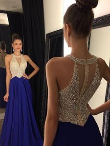 Vintage Royal Blue Evening Prom Dresses Sheer kristallen Nek Chiffon rok Lange avondjurken Zipper Back Vestidos BC15110
