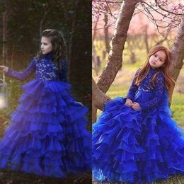 Vintage Royal Blue Girls Pageant Dresses High Collar Lace Top Tiered Ruffles Princess Cake Dress Formal Party Birthday Ghowns