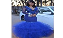 Vintage Royal Blue Mermaid Prom -jurken met volle mouw Deep V Neck Appliques Puffy Bottom Africa Dress Plus Satin Satin Evening P3997351