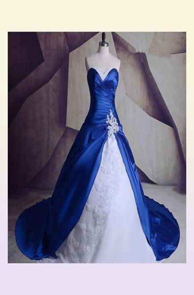 Vintage Royal Blue Satin Robes De Mariée Blanc Organza Dentelle Applique Chapelle Train Mariage Robe De Bal De Mariée Perlée Sur Mesure Plus2533166