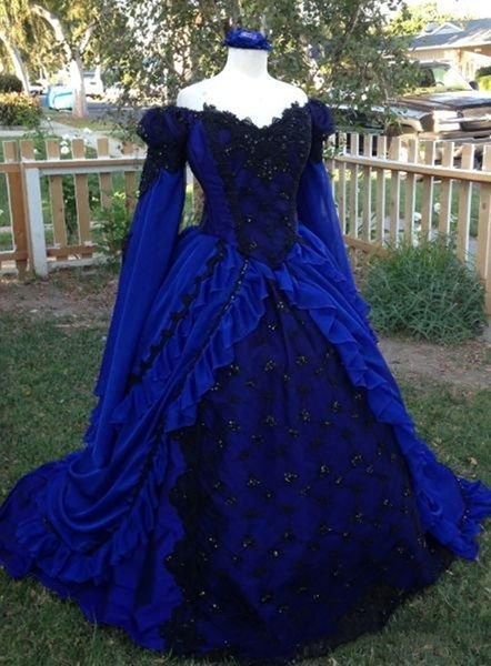 Vestidos de fiesta victorianos de color azul real vintage con apliques de encaje negro fuera del hombro Vestido de mascarada de manga larga para mujer Vestido de fiesta de princesa Vestido para ocasiones especiales