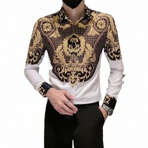 Vintage Royal imprimé Lg manches hommes Dr chemises de grande taille 4XL-M chemise de créateur pour hommes de luxe fête Club Blouses minces hauts O045 #