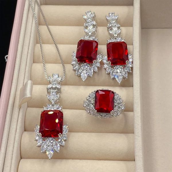 Ensemble de bijoux de diamant Ruby Vintage 925 Collier de boucles d'oreilles en argent sterling pour femmes Bijoux de fiançailles nuptiales Gift 231221