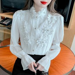 Vintage gegolfde chiffon shirts vrouw Franse flare mouw witte blouse vrouwen kleding bloem casual mode tops elegant