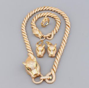 Vintage robuste personnalisé léopard chaîne épaisse collier bracelet plein diamant boucles d'oreilles bague ensemble pour hommes et femmes bijoux Hiphop Rock Punk accessoires