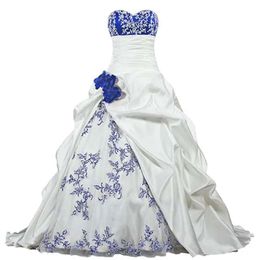 Vintage Satin Une ligne de broderie robes de mariée chérie cou choux à la main fait des fleurs en blanc et bleu robes de mariée