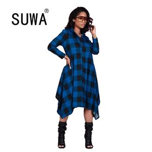 Vintage Schotse plaid shirt jurk vrouwen herfst lange mouwen turn-down kraag riem knop een lijn casual jurken vestido groothandel 210525