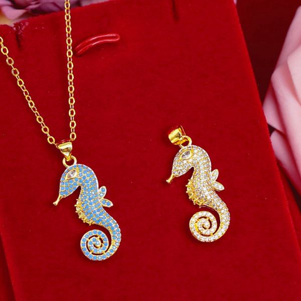 Hippocampe Vintage Micro Incrustation Pendentif Chaîne 18k Or Jaune Rempli Belle Collier Pendentif Animal Pour Lady Girl