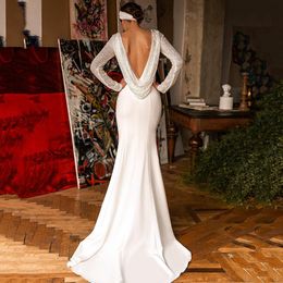 Vintage paillettes haut robes De mariée dos nu sirène robe De mariée avec manches longues côté fendu Satin robe De Noiva 326 326