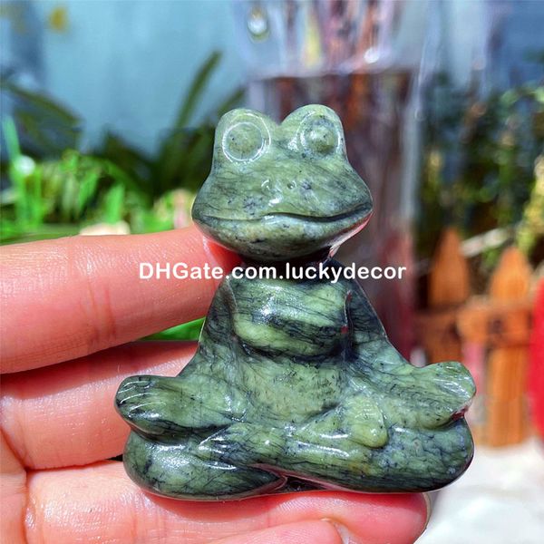 Vintage Serpentina Jade Meditación Zen Budista Rana Estatua Arte Baratija Piedra de Cristal de Cuarzo Natural Yoga Animal Escultura Altar Hogar Escritorio Decoración Té Regalo para Mascotas