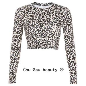 Vintage Sexy Leopard Print Button Tight Crop Tops Dames Slanke korte O-hals met lange mouwen Bottoming Shirts Bebouwde blouse 210514