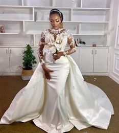 Vintage Sexy Sirène Robe de mariée pour filles noires 2024 Perles Appliques Lace Africain Bridal Robes O-cou robes formelles robe