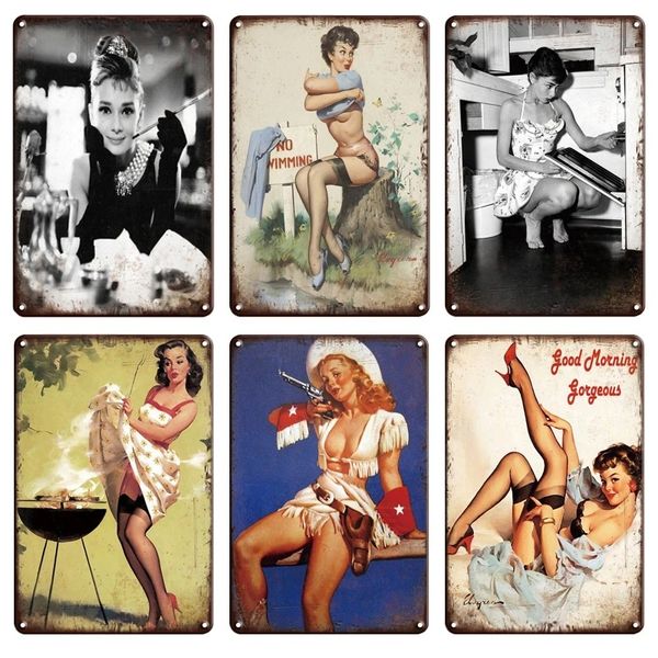 Vintage Sexy Pin-up Girl Tin Sign Girl Shower Poster Peinture en métal Tin Sign Beauty Metal Art Poster Decor Retro Bathroom Sign Man Cave Wall Decor Taille 30X20CM w01