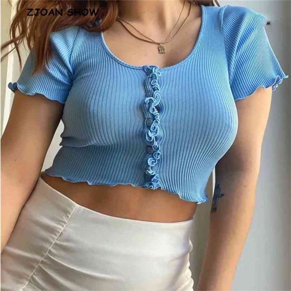 Vintage Sexy V Neck Wood Ears Ruffles Tee Cool Girl's Single-breasted Buttons T-shirt à manches courtes crop top 8 couleurs 210429