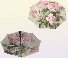 Vintage Shabby Bloemenprint Dames Regenparaplu Chic Roze Roos Drie Opvouwbaar Meisje Duurzaam Draagbare Automatische Parapluie 2112274020193