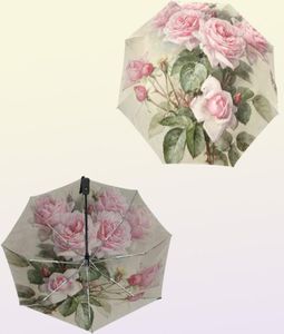Vintage Shabby Floral Print Women Rain Umbrella Chic Pink Rose Three Folding Girl duurzaam draagbare automatische Parapluie 2112273135563