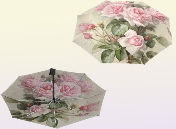 Vintage Shabby Floral Print Women Rain Umbrella Chic Pink Rose Three Pleging Girl Durable Portable Automatic Parapluie 2112275334395