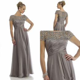 Vintage pure chiffon moeder jurken korte mouwen Empire huwelijksfeestjurken aangepaste maat lange bruidegom prom party slijtage