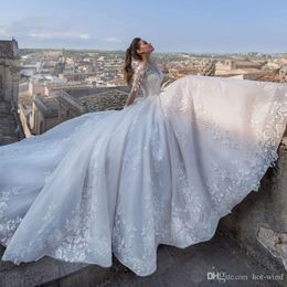 Vintage pure elegante juweelhals een lijn lange mouw tule hof trein bruidsjurk kant kanten prinses trouwjurken vestidos