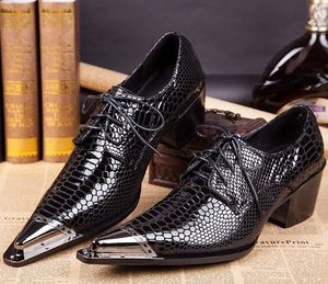 Vintage Shine Black Mens Designer Schoenen Echt leer 5 cm dikke hakken mannen bruiloft schoen puntige teen heren casual loafers