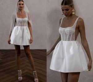 Vintage Korte A-lijn Trouwjurk 2024 Spaghetti Parels Top Satijnen Bot Lijfje Bruids Partij Jassen Vestido De Novia Robe de Mariage