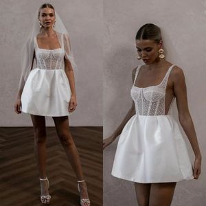 Vintage Short Een lijn trouwjurken Spaghetti Parels Top Satin Wedding Jurk Bone Bodice Lange Designer Bruidsjurken Sweep trein