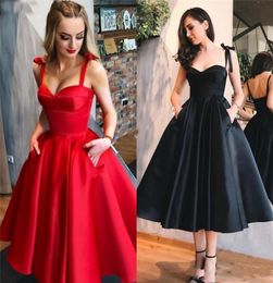 Robes De soirée courtes Vintage noires avec poches, bretelles en cœur, fermeture éclair, ligne a en Satin, robes De soirée simples avec nœud, robes De Noche pour femmes