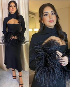 Vintage korte halter rekbare moslimavondjurken met mouw Midden-Oosten prom-jurk A-lijn Crepe Black Robe de Soiree voor vrouwen