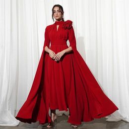 Vintage korte hoge nek rood geplooide avondjurken met mouwen A-lijn Chiffon Midden-Oosten enkellengte rits terug prom jurken voor vrouwen