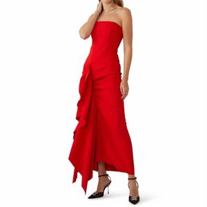 Vintage Robes de soirée à crêpe rouge vintage avec volants / gaine à fente Sans manches longue longueur de thé Robes de fête de bal de bal