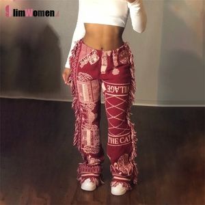 Vintage Side Borlas Patchwork Rayas Imprimir Jogger Pantalón Mujeres Rave Festival Ropa Casual Streetwear Bodycon Pantalones de sudor 220217